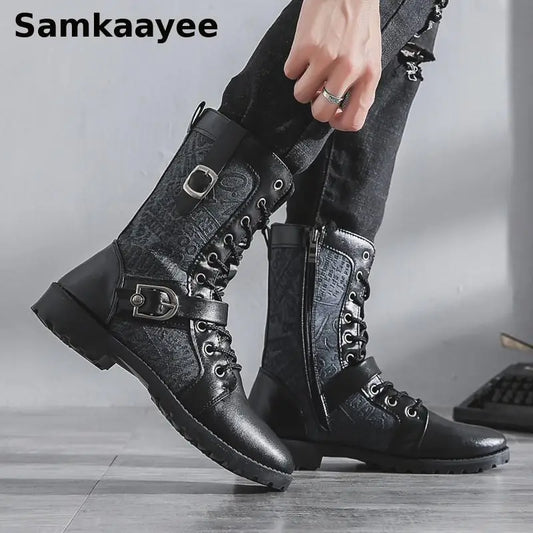39-44 Men Leather Boots Autumn Winter Shoes Male High Top Botas Zipper Buckle Zapatos Thick Sole Non-slip Motorcycle Footwear y5