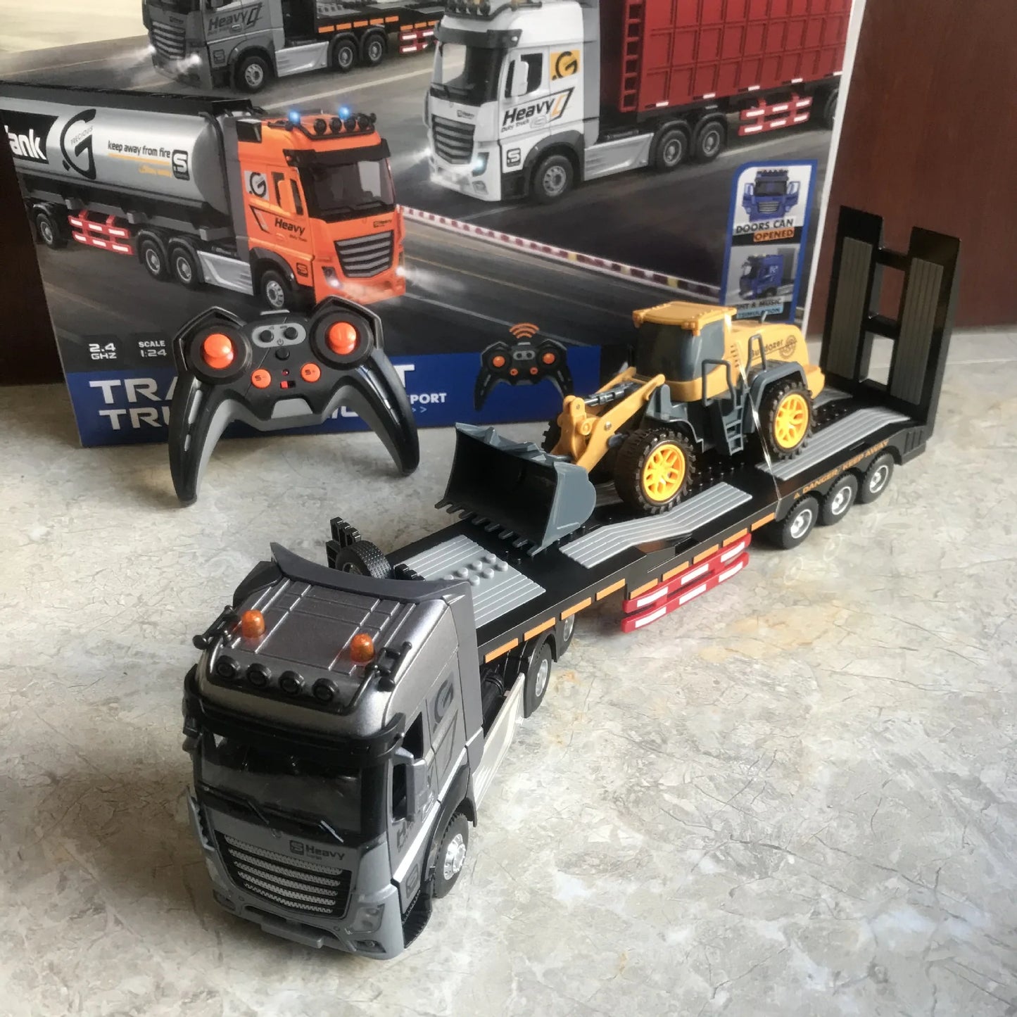 RC Car Big Remote Control Oil Tank Truck 9CH Alloy Electronic Simulation Trailer LED Music RC Container Truck Rechargeable Toy