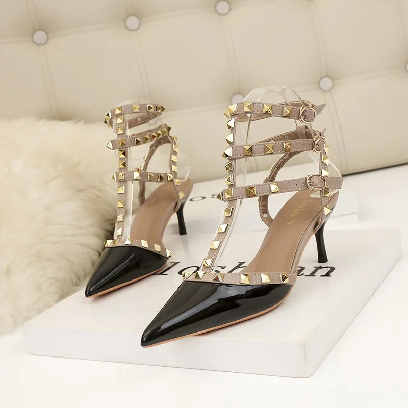 Designer Narrow Band Buckle Strap Pumps Women Sexy Pointed Toe Thin Heels Wedding Banquet Dress Mule Ladies Shoes Zapatos Mujer