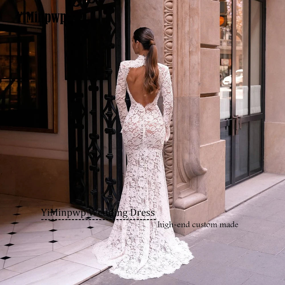 lvory Lace Wedding Dress Long Sleeve Mermaid Backless Sexy Bridal Gowns High Neck Applique Sweep Train Bride Dresses Customized