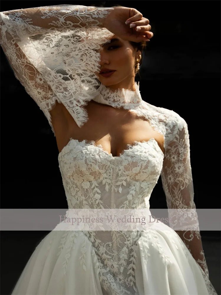 Customized Satin A-Line Wedding Dress with Shawl Sleeves And Sweep Train Floor Length Back Zipper Sweetheart Neckline for Bride