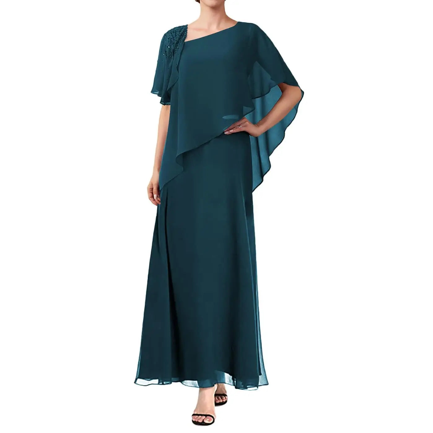 Mother of The Bride Dresses Overlay Cape Chiffon Formal Evening Gowns Long Mother of The Groom Dresses