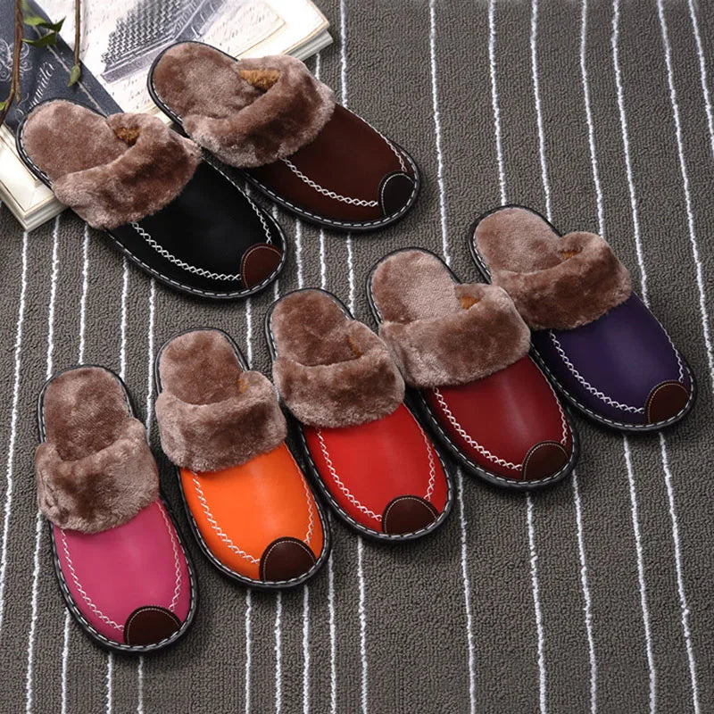 Women Slipper for Winter Fashion Leather Shoes Indoor Use Plus Size Men Warm Furry Slippers Home Slippers Women Shoes WSH3769