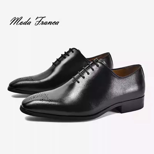 [Moda Franca] Men's British Oxford Shoes, Genuine Leather Brogue Design, Handmade Whole-Cut Formal Dress Shoes, Sizes 40 to 45