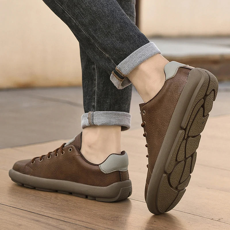 Genuine Leather Mens Casual Shoes New Design Male Sneakers Outdoor Lace-Up Skateboard Footwear Handmade Tenis Masculino Trainers