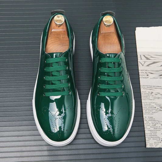 Spring Autumn Leather Shoes High Quality Patent Leather Casual Shoes Lace Up Sneakers Green Fashion Sole Designer Leather Shoes