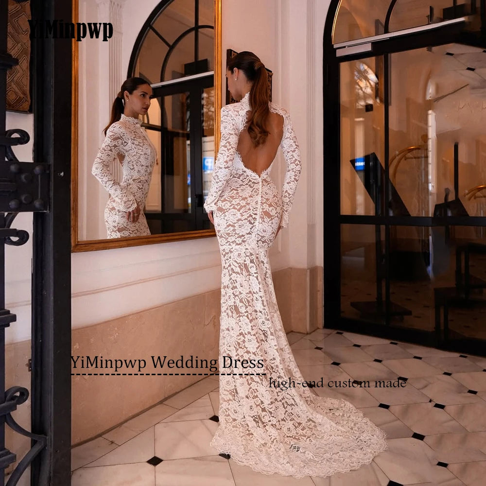 lvory Lace Wedding Dress Long Sleeve Mermaid Backless Sexy Bridal Gowns High Neck Applique Sweep Train Bride Dresses Customized