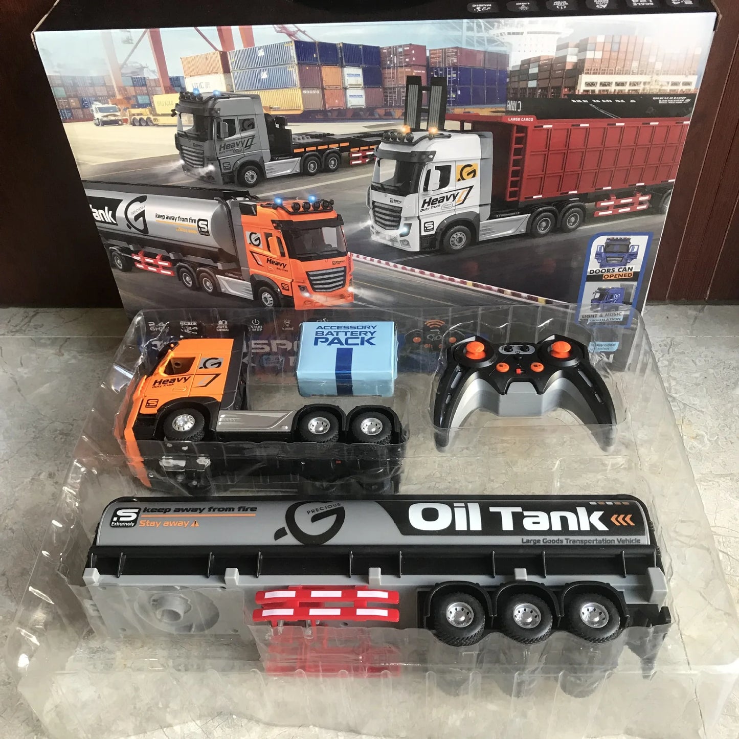 RC Car Big Remote Control Oil Tank Truck 9CH Alloy Electronic Simulation Trailer LED Music RC Container Truck Rechargeable Toy