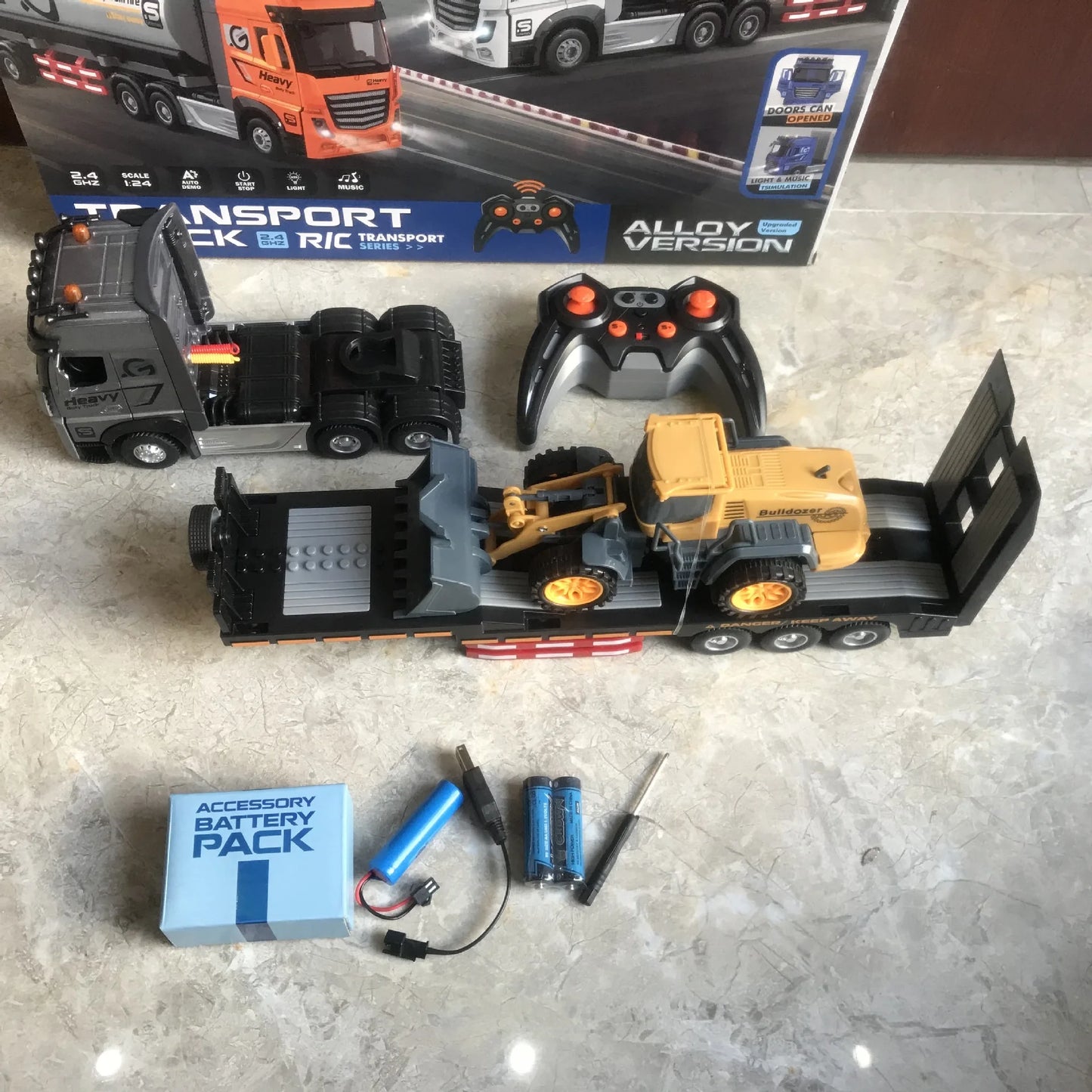 RC Car Big Remote Control Oil Tank Truck 9CH Alloy Electronic Simulation Trailer LED Music RC Container Truck Rechargeable Toy