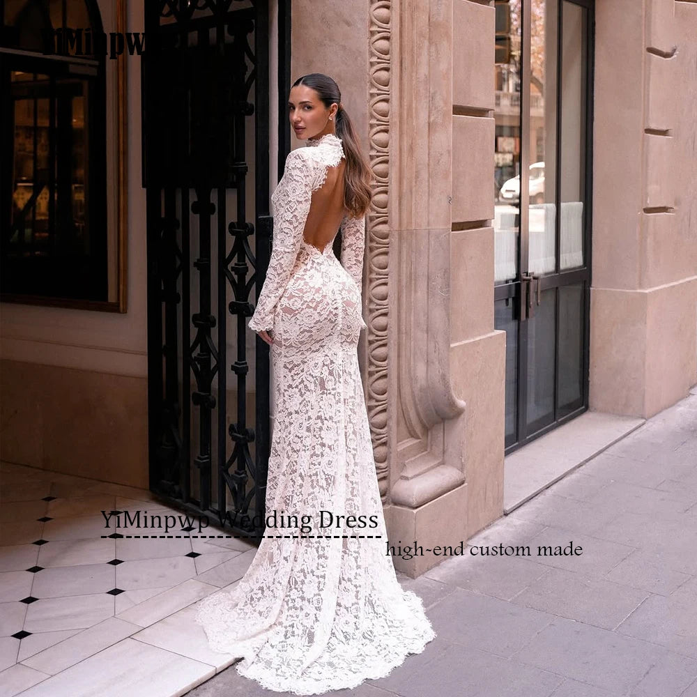 lvory Lace Wedding Dress Long Sleeve Mermaid Backless Sexy Bridal Gowns High Neck Applique Sweep Train Bride Dresses Customized