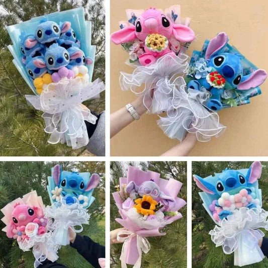 Catoon Stich peluche bambola giocattolo con fiori bouquet creativo fatto a mano animali di peluche regalo di laurea di Natale di San Valentino