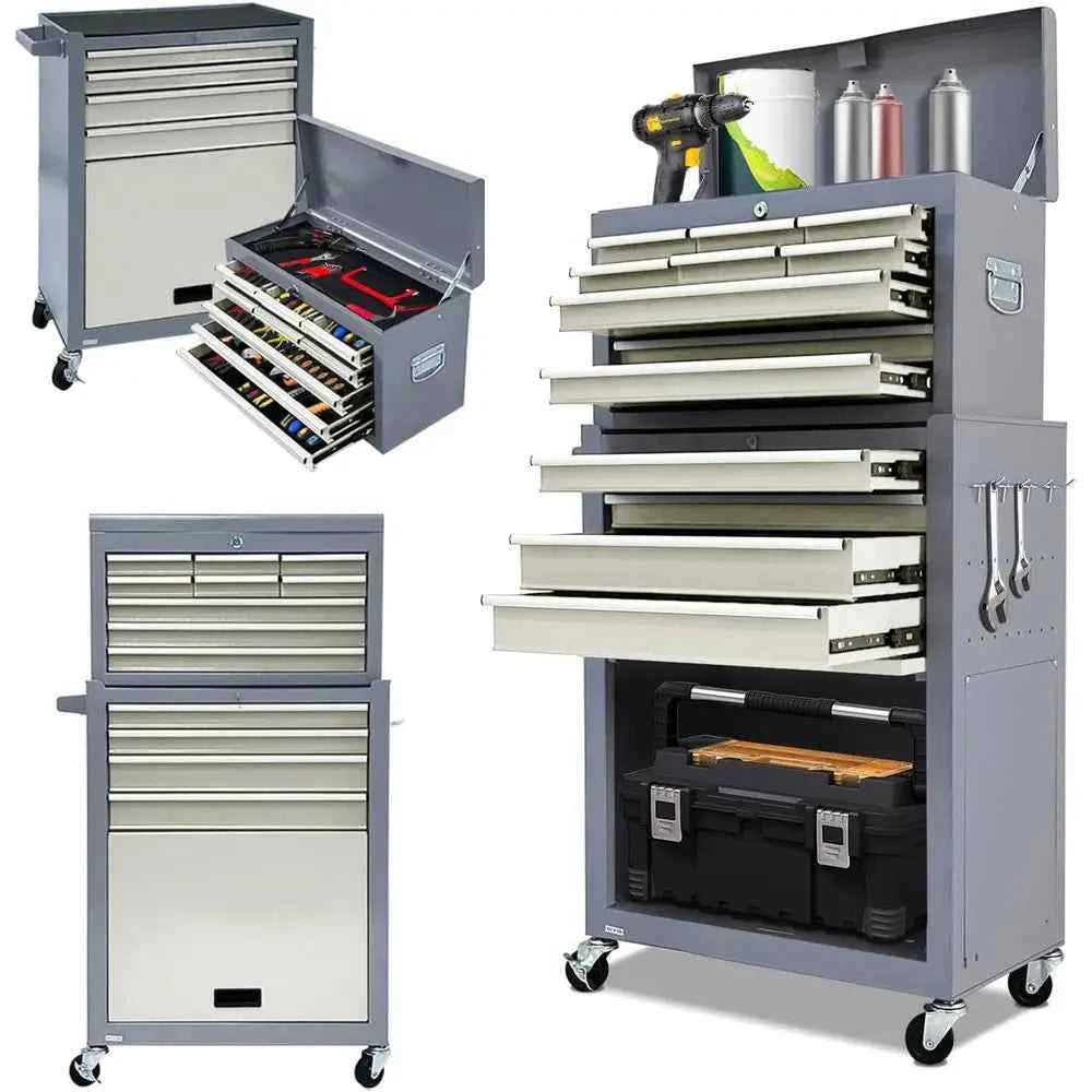 Gray 2-in-1 Mobile Rolling Tool Chest with Detachable Drawers, Large Lockable Metal Toolbox for Garage Workshop