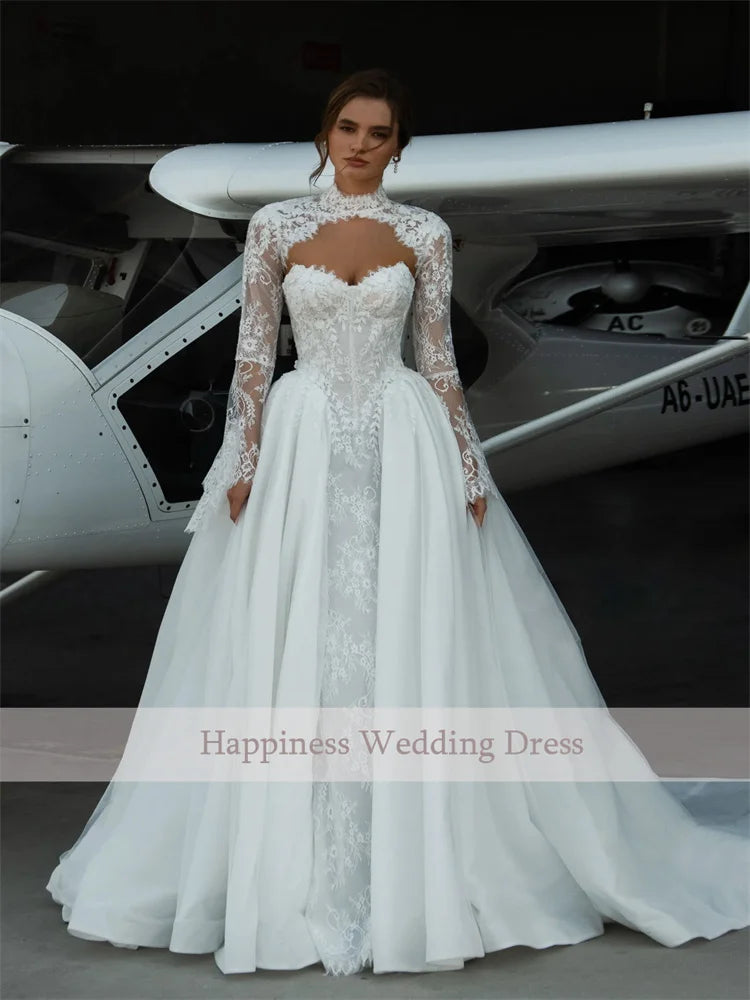 Customized Satin A-Line Wedding Dress with Shawl Sleeves And Sweep Train Floor Length Back Zipper Sweetheart Neckline for Bride