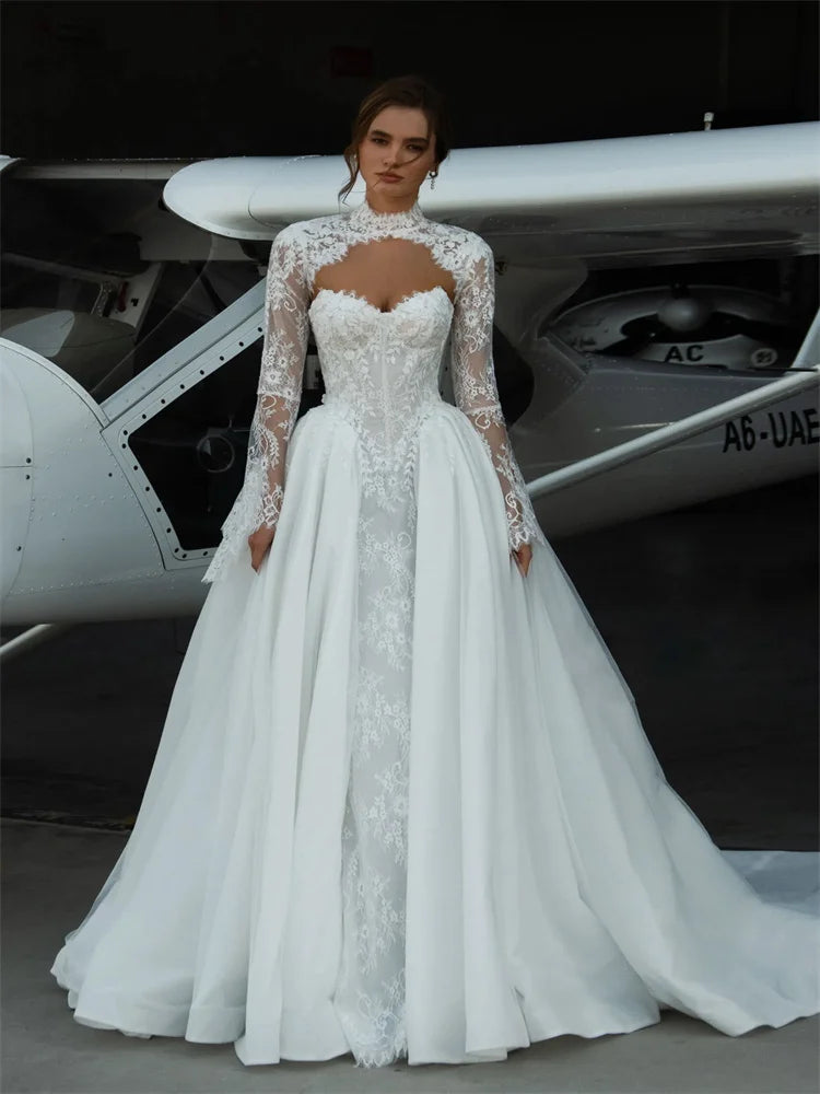 Customized Satin A-Line Wedding Dress with Shawl Sleeves And Sweep Train Floor Length Back Zipper Sweetheart Neckline for Bride