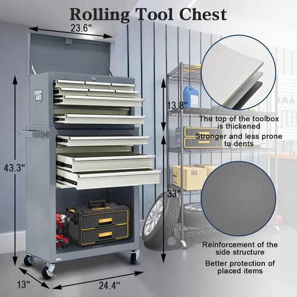 Gray 2-in-1 Mobile Rolling Tool Chest with Detachable Drawers, Large Lockable Metal Toolbox for Garage Workshop