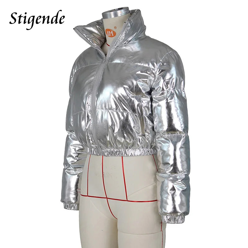 Stigende Shiny Cotton Padded Golden Coat Women Winter Warm Zipper Crop Top Jacket Patchwork Puffer Parka Outwear Veste Femme