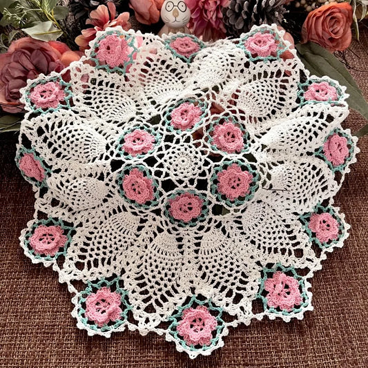Junwell 45CM RD Colorful Cotton Crochet Tablecloth Classic 3D Rose Farmhouse Handmade Lace Cup Mat Placemat Lamp Sofa Cover