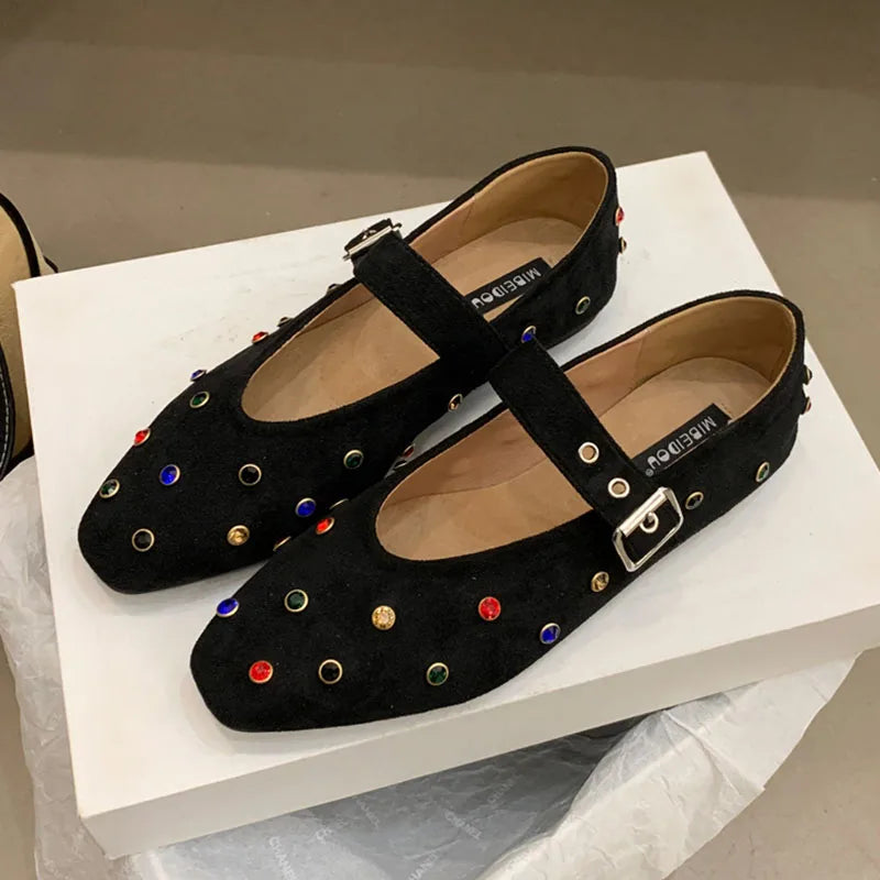 Luxury Rhinestones Fashion Shallow Women Ballet Flats Shoes Female Crystal Footwear Buckle Strap Ladies Flats Mary Janes Shoes