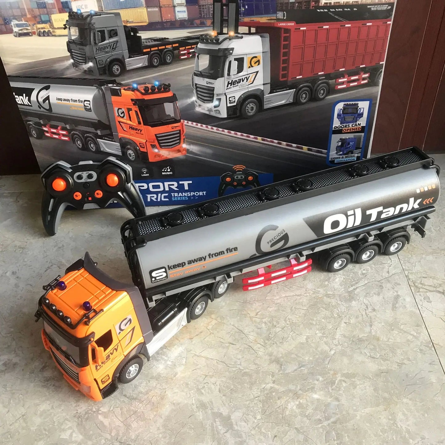 RC Car Big Remote Control Oil Tank Truck 9CH Alloy Electronic Simulation Trailer LED Music RC Container Truck Rechargeable Toy