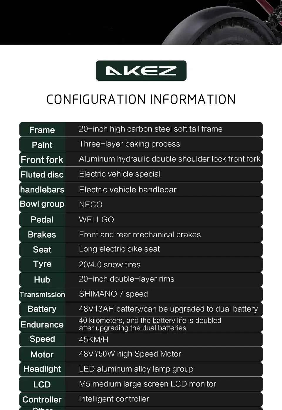 Mountain Adult Akez Electric Bicycler 1500W motor 48V 36AH Removable lithium Battery E bike 20 inch Tire Off-road Electric Bike