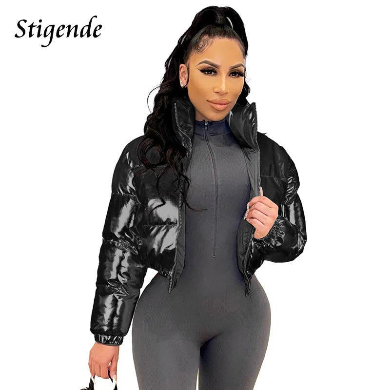 Stigende Shiny Cotton Padded Golden Coat Women Winter Warm Zipper Crop Top Jacket Patchwork Puffer Parka Outwear Veste Femme
