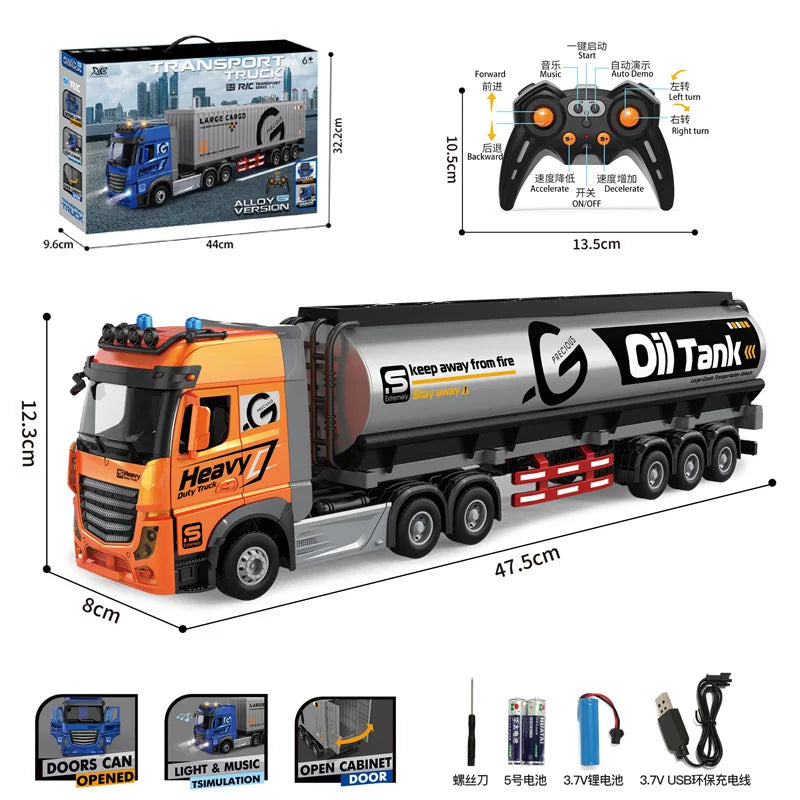 RC Car Big Remote Control Oil Tank Truck 9CH Alloy Electronic Simulation Trailer LED Music RC Container Truck Rechargeable Toy