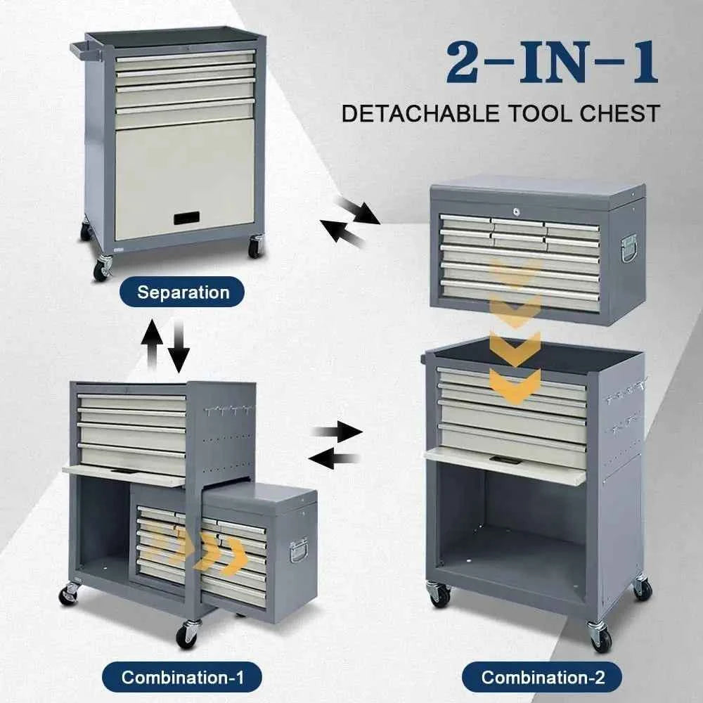 Gray 2-in-1 Mobile Rolling Tool Chest with Detachable Drawers, Large Lockable Metal Toolbox for Garage Workshop