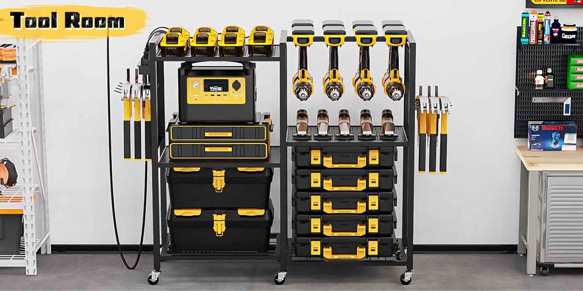 Geawokyie Power Tool Organizer With Charging Station, Rolling Tool Cart On Wheels With 12 Drills Holders, 5 Storage Shelves, Utility Rack Tool Box With Battery Charging Power Strip For Garage, Workshop, Other (Tool Organizers