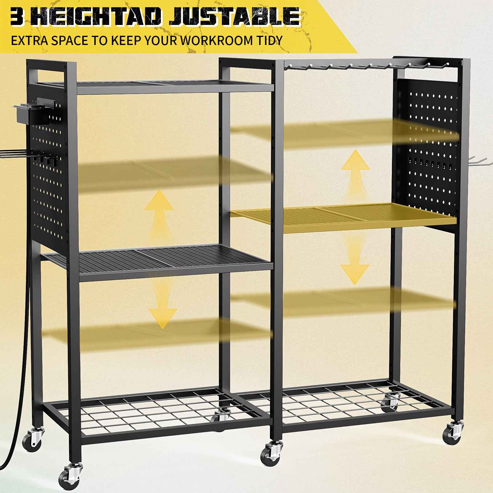 Geawokyie Power Tool Organizer With Charging Station, Rolling Tool Cart On Wheels With 12 Drills Holders, 5 Storage Shelves, Utility Rack Tool Box With Battery Charging Power Strip For Garage, Workshop, Other (Tool Organizers