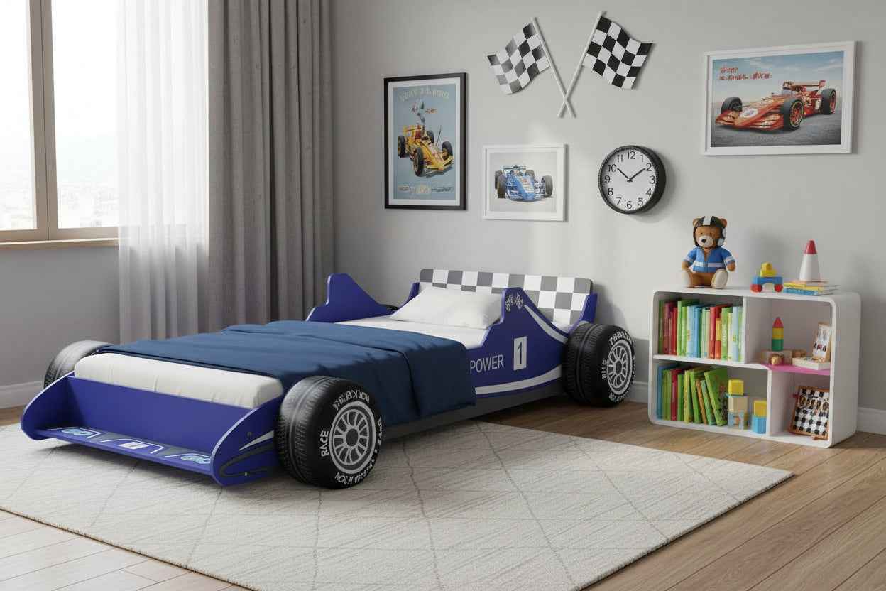 Letto per Bambini a Forma di Auto da Corsa – 90x200 cm | MDF Robusto | Blu o Rosso