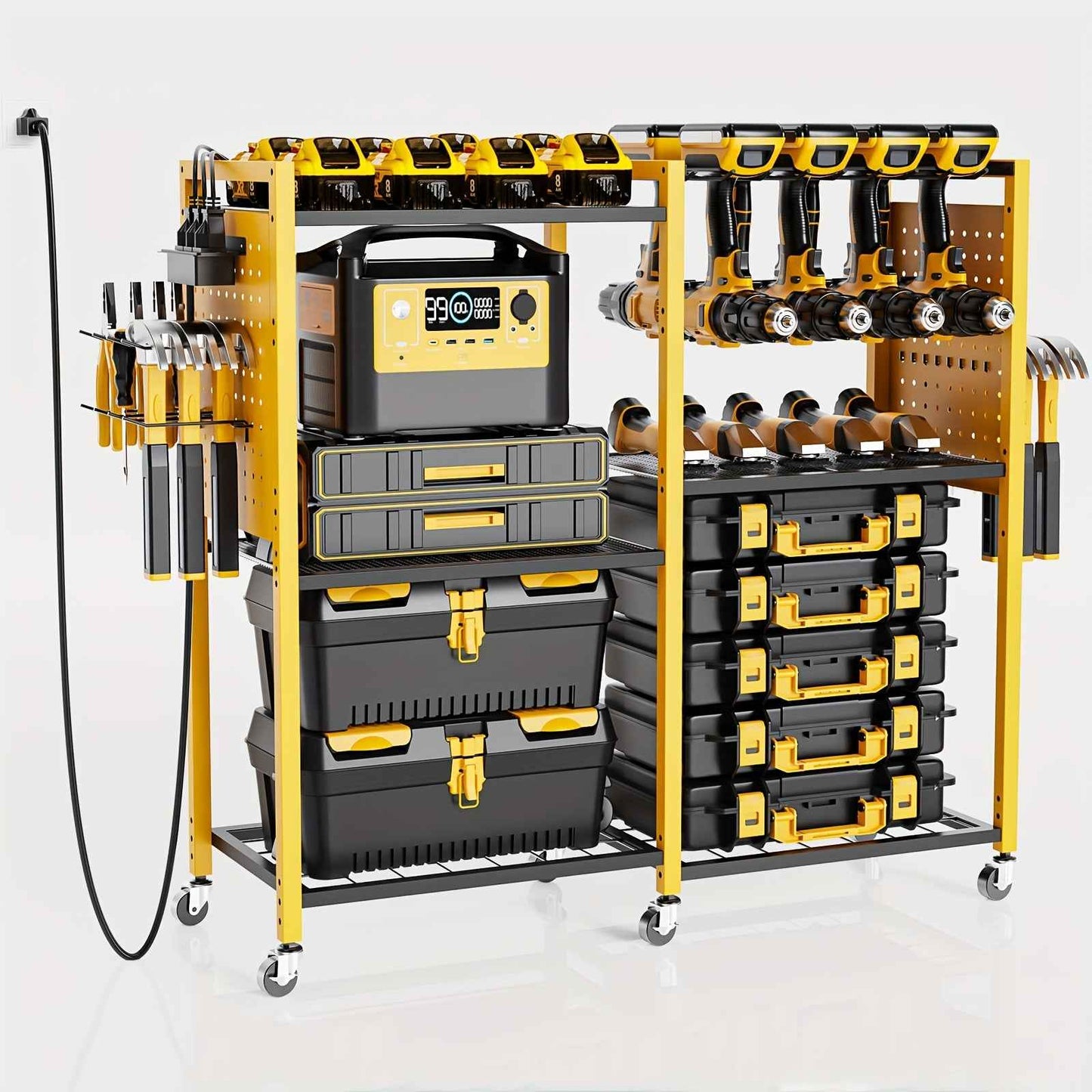 Geawokyie Power Tool Organizer With Charging Station, Rolling Tool Cart On Wheels With 12 Drills Holders, 5 Storage Shelves, Utility Rack Tool Box With Battery Charging Power Strip For Garage, Workshop, Other (Tool Organizers